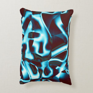 Shades of blue cyan on abstract tapes up dark red decorative cushion