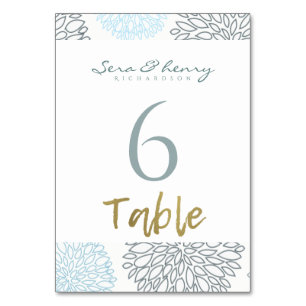 SHADES OF BLUE DAHLIA FLORAL PATTERN GOLD TABLE NUMBER