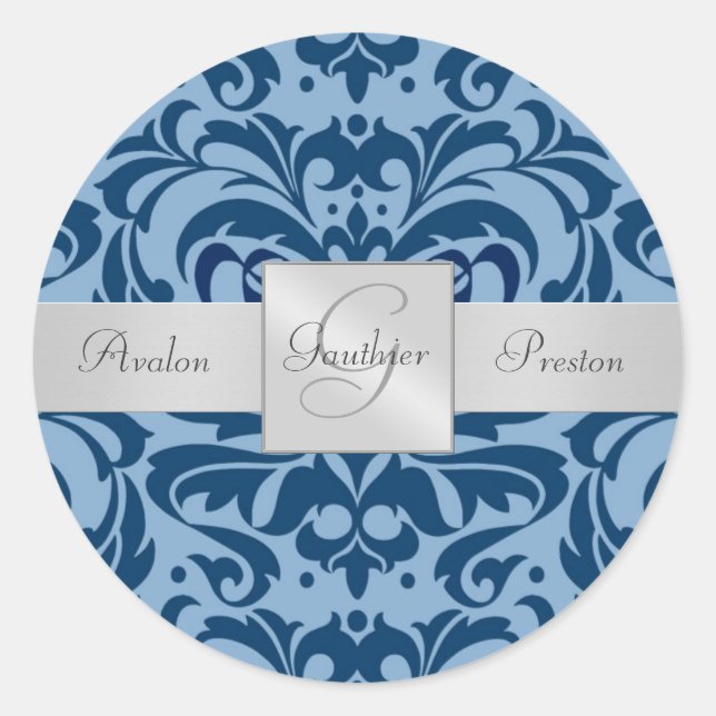 Shades of Blue Damask Monogram Wedding Sticker (Front)