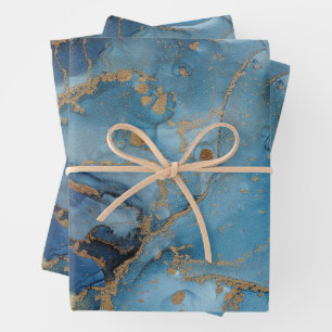 Shades of Blue, Gold Abstract Watercolor Marble Wrapping Paper Sheet