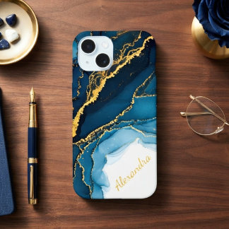 Shades Of Blue & Gold Alcohol Ink With Name iPhone 15 Case
