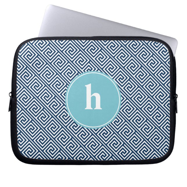 Shades of Blue Greek Key Pattern Monogram Laptop Sleeve (Front)