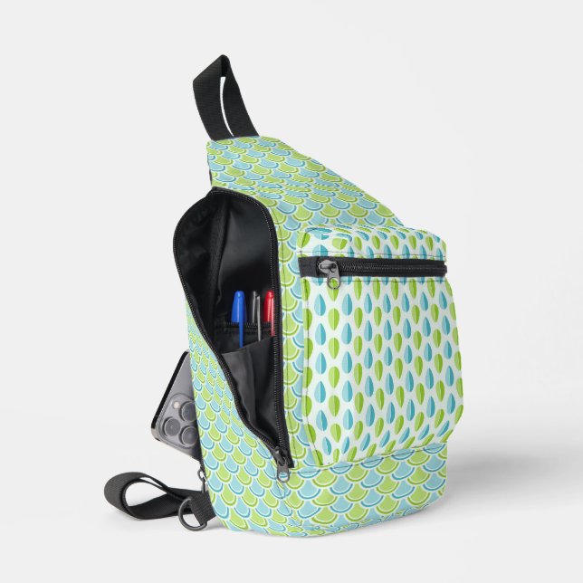 SHADES OF BLUE & GREEN SCALLOP & TEARDROP PATTERN SLING BAG (Open)