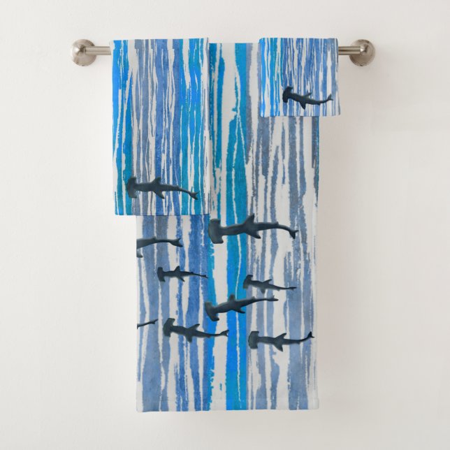 Shades of Blue, Grey, and White Stripes and Sharks Bath Towel Set (Insitu)