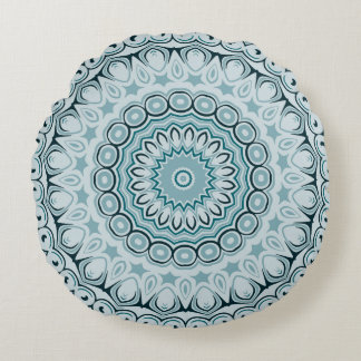 Shades of Blue Kaleidoscope Flowers Design Round Cushion