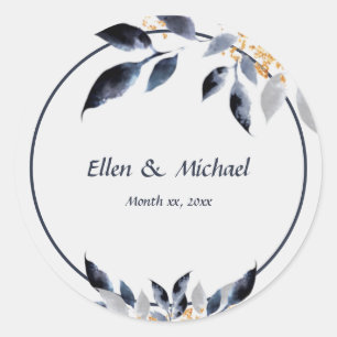 Shades of Blue Leaves with Gold, Wedding  Classic Round Sticker