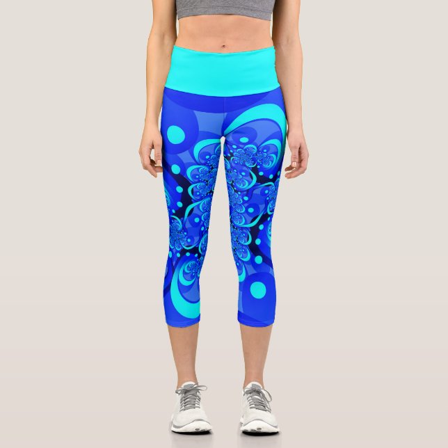 Shades of Blue Modern Abstract Fractal Art Capri Leggings (Front)