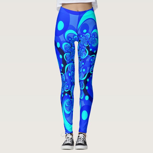Shades of Blue Modern Abstract Fractal Art Leggings (Front)