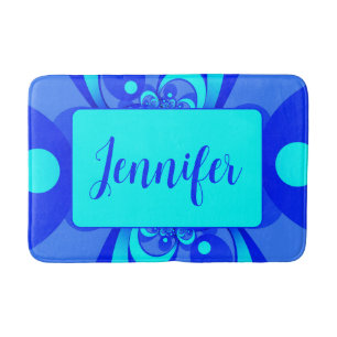 Shades of Blue Modern Abstract Fractal Art Name Bath Mat