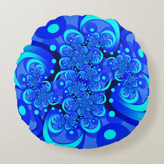 Shades of Blue Modern Abstract Fractal Art Round Cushion (Front)