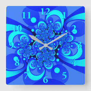 Shades of Blue Modern Abstract Fractal Art Square Wall Clock