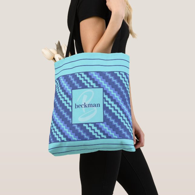 Shades of Blue Monogrammed Tote Bag (Close Up)