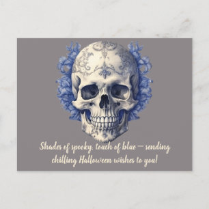 Shades of Blue Pretty and Creepy Skull Halloween Holiday Postcard