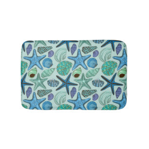 Shades Of Blue Seashells And Starfish Pattern Bath Mat