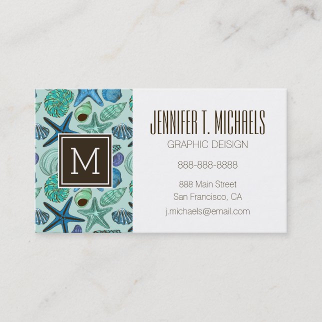 Shades Of Blue Seashells And Starfish Pattern Business Card (Front)