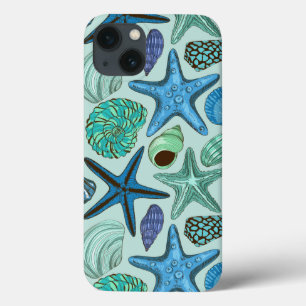 Shades Of Blue Seashells And Starfish Pattern iPhone 13 Case