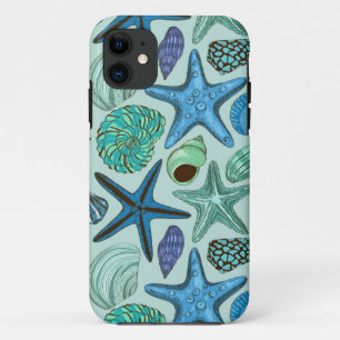 Shades Of Blue Seashells And Starfish Pattern iPhone 11 Case