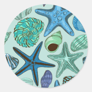 Shades Of Blue Seashells And Starfish Pattern Classic Round Sticker