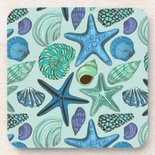 Shades Of Blue Seashells And Starfish Pattern Coaster