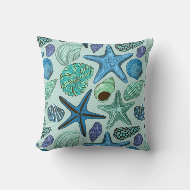 Shades Of Blue Seashells And Starfish Pattern Cushion (Front)