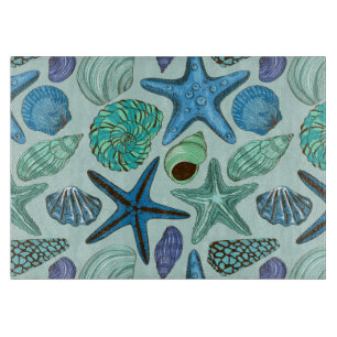 Shades Of Blue Seashells And Starfish Pattern Cutting Board