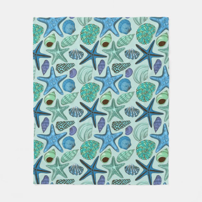 Shades Of Blue Seashells And Starfish Pattern Fleece Blanket (Front)