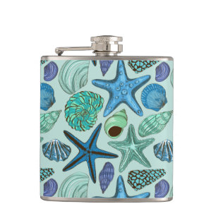 Shades Of Blue Seashells And Starfish Pattern Hip Flask