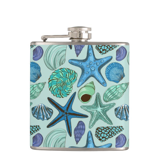 Shades Of Blue Seashells And Starfish Pattern Hip Flask (Front)