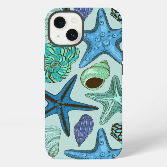 Shades Of Blue Seashells And Starfish Pattern iPhone Case (Back)