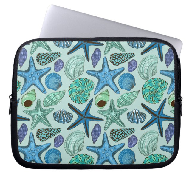 Shades Of Blue Seashells And Starfish Pattern Laptop Sleeve (Front)
