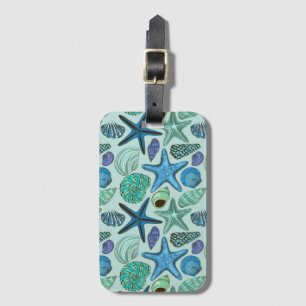 Shades Of Blue Seashells And Starfish Pattern Luggage Tag