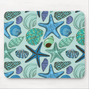 Shades Of Blue Seashells And Starfish Pattern Mouse Pad