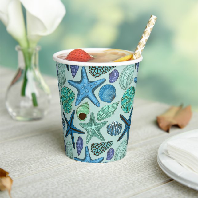 Shades Of Blue Seashells And Starfish Pattern Paper Cups (Insitu)