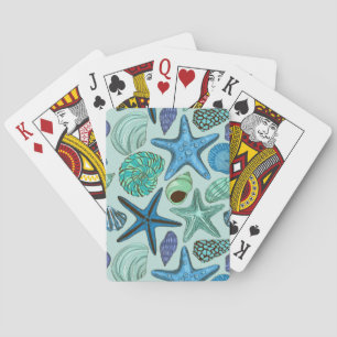 Shades Of Blue Seashells And Starfish Pattern Playing Cards
