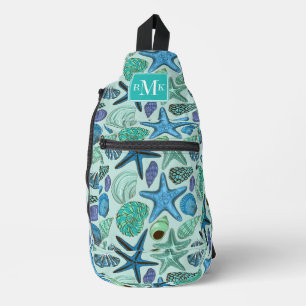 Shades Of Blue Seashells And Starfish Pattern Sling Bag
