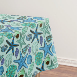 Shades Of Blue Seashells And Starfish Pattern Tablecloth