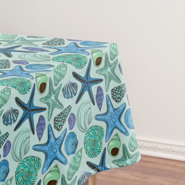 Shades Of Blue Seashells And Starfish Pattern Tablecloth (In Situ)