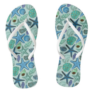 Shades Of Blue Seashells And Starfish Pattern Thongs