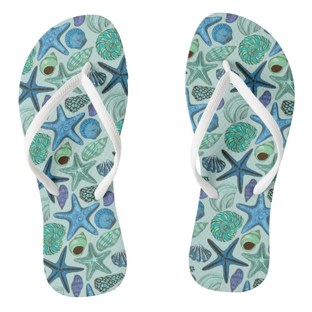 Shades Of Blue Seashells And Starfish Pattern Thongs (Footbed)