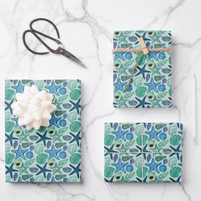 Shades Of Blue Seashells And Starfish Pattern Wrapping Paper Sheet (Front)