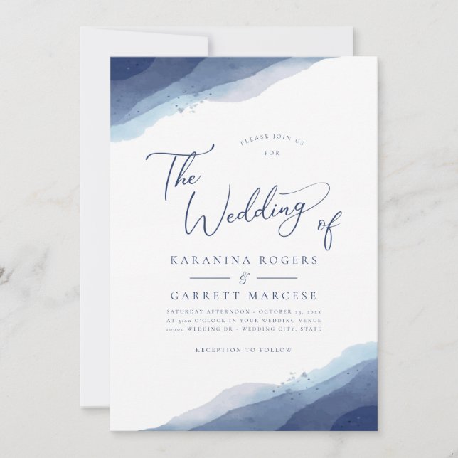 Shades of Blue Soft Watercolor Wedding Invitation (Front)