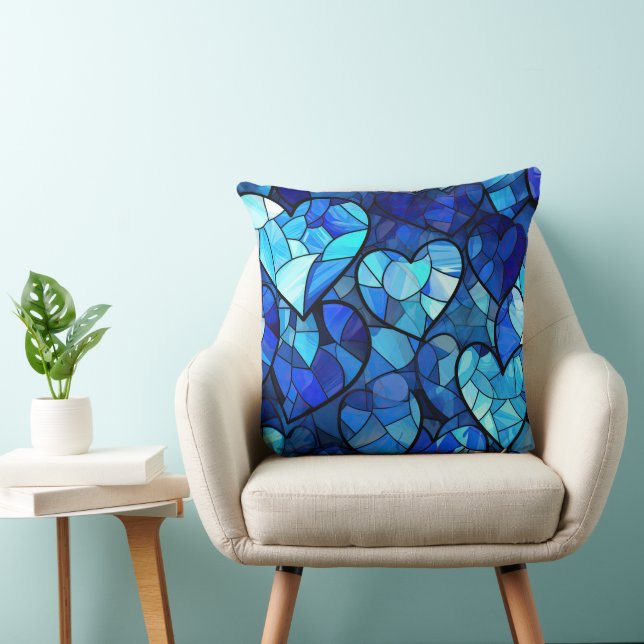 SHADES OF BLUE STAINED GLASS LOOK HEARTS CUSHION (Chair)