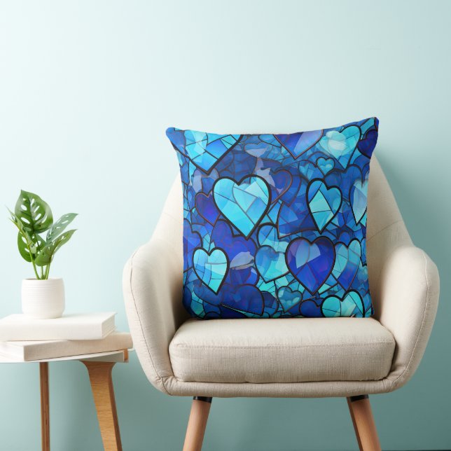SHADES OF BLUE STAINED GLASS LOOK HEARTS CUSHION (Chair)
