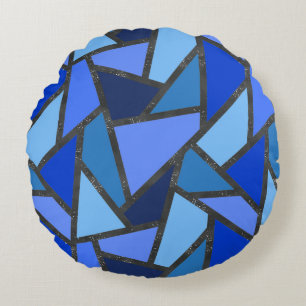 Shades of blue stained glass pattern round cushion