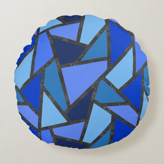 Shades of blue stained glass pattern round cushion (Front)