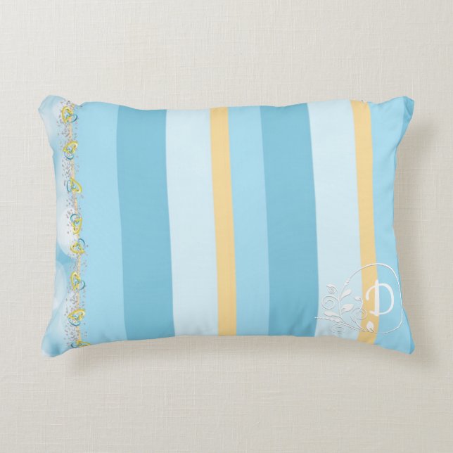 Shades of Blue Striped Monogram Pattern Decorative Cushion (Front)