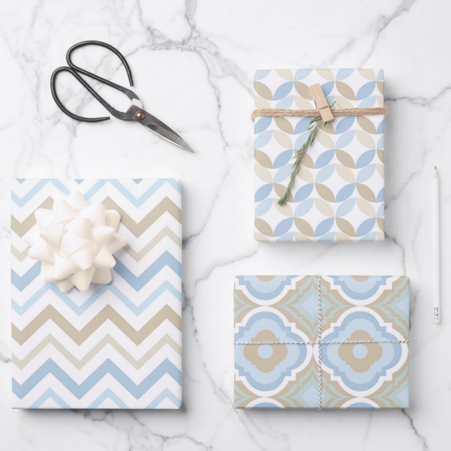 SHADES OF BLUE & TAN PATTERNS WRAPPING PAPER SHEET (Front)