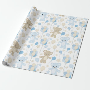 SHADES OF BLUE & TAN TEDDY BEARS & BALLOONS WRAPPING PAPER
