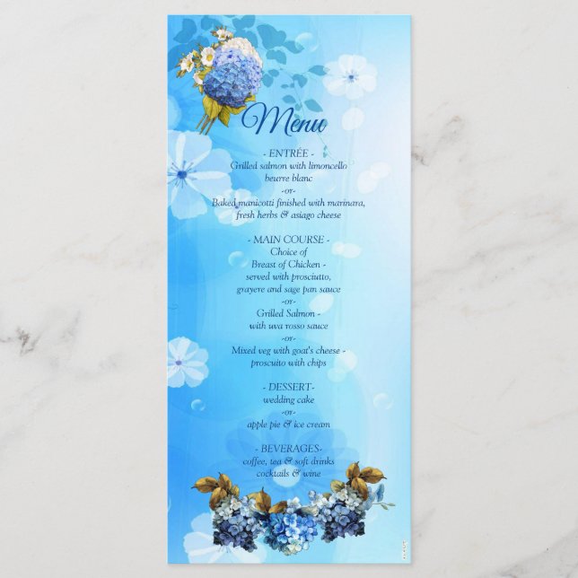 Shades of Blue Watercolor Hydrangeas  Menu (Front)