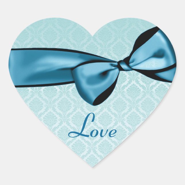 Shades of Blue Wedding Bow Damask Heart Sticker (Front)